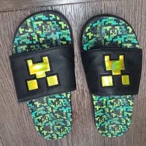 Kids Minecraft Black Slide Sandals with Green Pixel Print and Yellow Accents